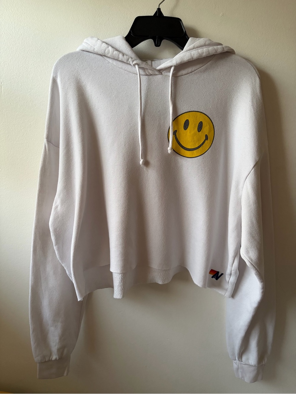 Aviator Nation White Cropped Hoodie with Yellow Smiley